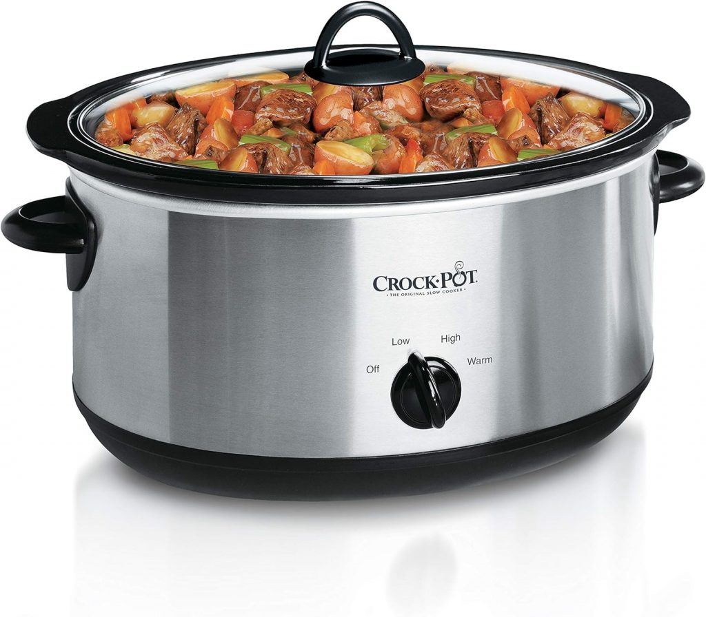 A classic Crock-Pot slow cooker in stainless steel with manual controls for High, Low, and Warm settings, shown with a beef stew inside.