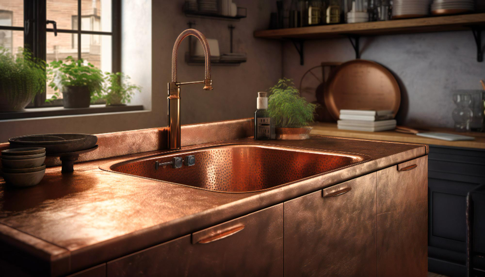 A gleaming copper sink in a contemporary kitchen setting, surrounded by natural light and minimalistic decor.