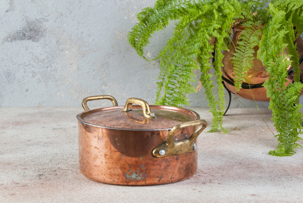 A tarnished copper pot with brass handles placed on a stone countertop, accompanied by lush green fern plants in the background.